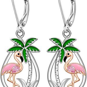 Sterling Silver Flamingo Dangle Earrings Rose Gold Tropical Gift for Women